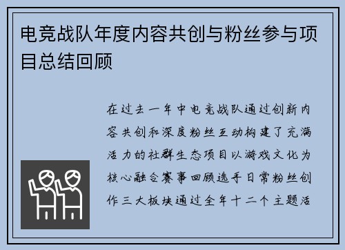 电竞战队年度内容共创与粉丝参与项目总结回顾